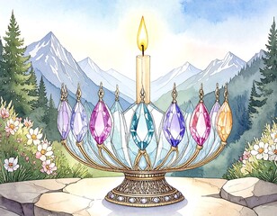 Mountain scene with a candleholder