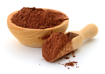 Cocoa powder in wooden bowl and scoop isolated on white background