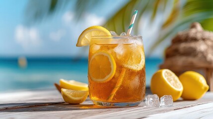 Refreshing iced tea with lemon slices served on a tropical beach setting under the sun