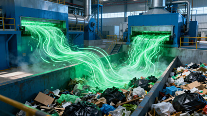 Industrial waste processing facility with glowing green energy streams sorting trash