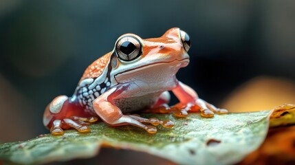 Exotic amphibian portrait: Vibrant tree frog perched on leaf, captivating with intense gaze