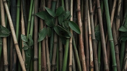 Textured natural pattern featuring bamboo stalks with fresh green leaves arrangement