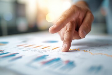 Close-up of a hand pointing to financial charts