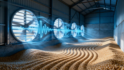 Grain storage facility with advanced ventilation system and sound wave visualization