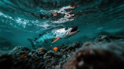 Underwater predator lurking in coral reef depths with filtered sunlight and clear ocean water