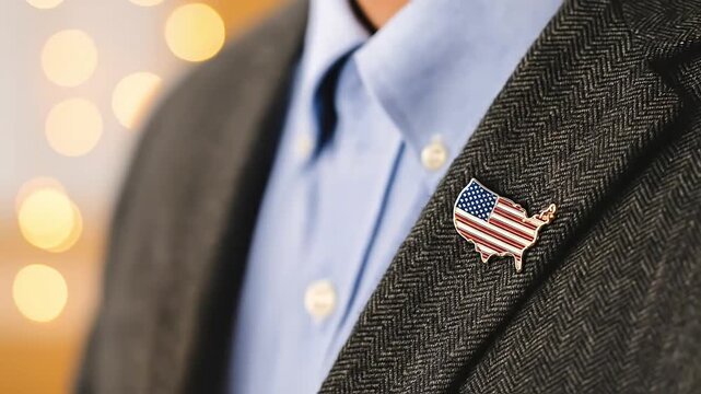 American flag map lapel pin on a suit jacket, symbolizing patriotism and national identity. Professional attire with blurred bokeh.