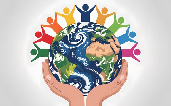 Diverse people holding hands around the earth symbolizing global unity and connection