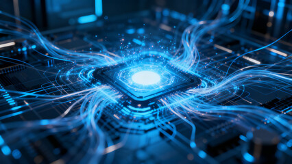 Futuristic digital circuit with glowing blue energy flow and central processor core