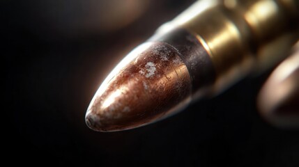 Intense macro shot featuring a bullet with detailed texture and dramatic lighting setup for a