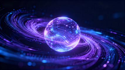 A glowing spherical orb surrounded by swirling cosmic energy in a dark, futuristic space environment.