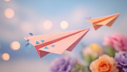 Two paper airplanes, soft pink and orange, float in front of a bouquet of pastel flowers.  Bokeh effect