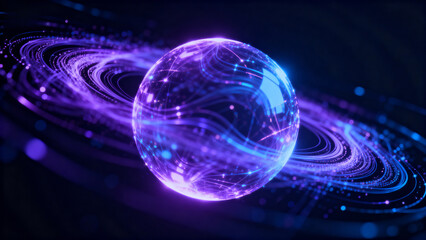 A glowing purple planet with swirling rings and cosmic energy patterns in a dark space background
