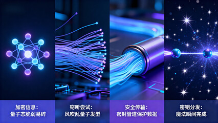 Quantum communication security process illustrated with molecular structures, fiber optics, data transmission, and quantum entanglement