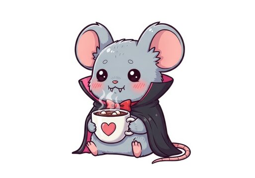 Cute cartoon vampire mouse holding a hot chocolate mug with marshmallows character - Powered by Adobe