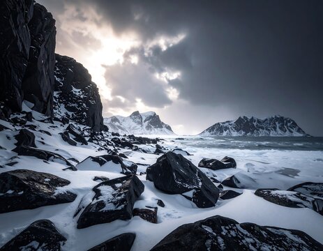 Snowy coastal landscape with dramatic sky - Powered by Adobe