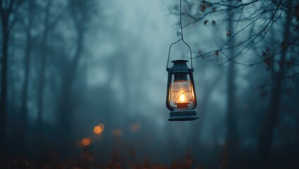 Misty forest scene with hanging lantern