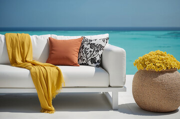 Lucid Origin: Modern Outdoor Terrace with White Sofa and Vibrant Yellow Accents Against Turquoise Ocean