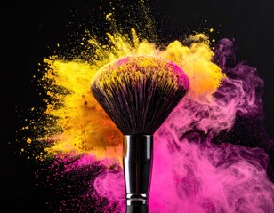 Vibrant Makeup Brush Exploding with Colorful Powder Dust Against Black Background.