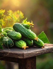 Fresh cucumbers on a wooden table