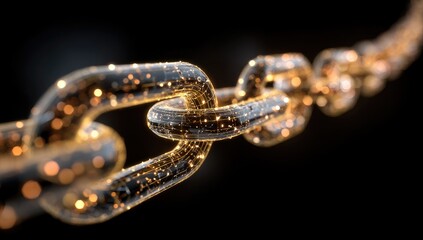 Golden chain links, transparent, glowing, interconnected