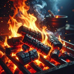 Fiery charcoal burning in grill