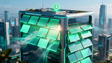 Futuristic skyscraper with solar panels and energy harvesting technology in a modern cityscape