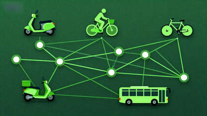 Green transportation network connecting scooters, bicycles, and a bus with interconnected nodes on a dark green background