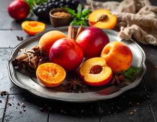Fresh plums and apricots on a tray