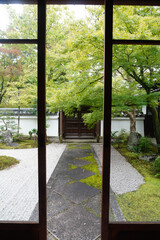 木々の緑が美しい京都の寺院の境内の風景