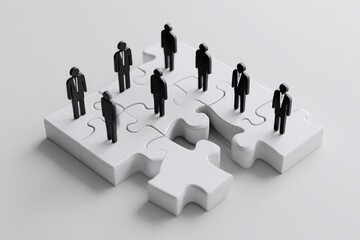 Business figures stand on a white puzzle