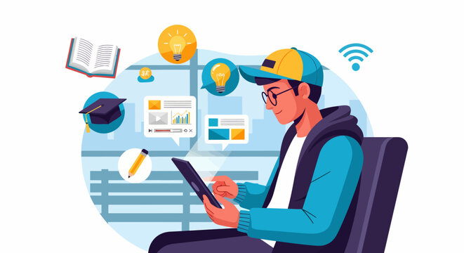 Dedicated student passionately engaged in comprehensive online learning, leveraging a tablet within a rich digital environment filled with knowledge acquisition symbols