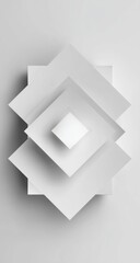 Abstract, layered, geometric shapes in white.  Stacked, diamond, and square forms create a three-dimensional effect on a plain background