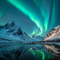 Northern Lights glow brightly above icy glacial valley, snowy pine forests, and mountain range, creating serene reflections in frozen Arctic waters.