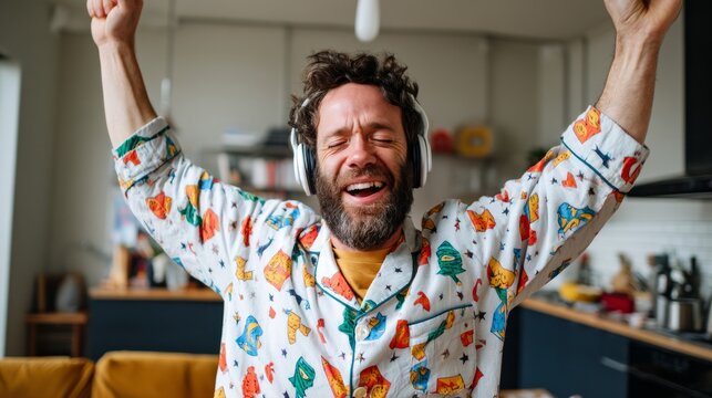 Man celebrating in pajamas.