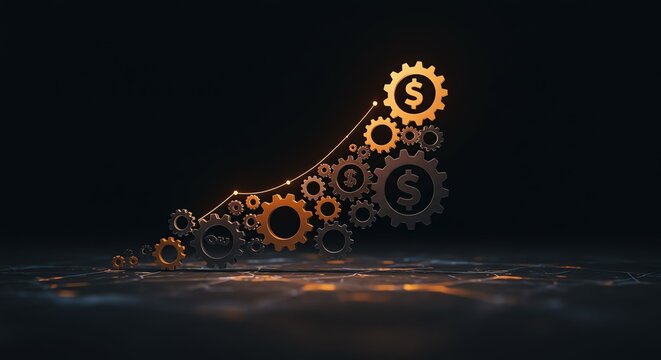 Financial Growth Concept with Gear Wheels and Dollar Symbols in Dark Background