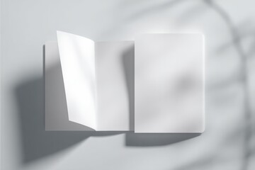 Open blank notebook, white pages, soft shadows