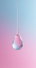A single, clear liquid drop hangs suspended, a teardrop shape, against a pastel gradient background of light pink and light blue