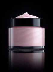 Pink cream jar with glossy top on black background