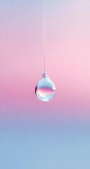 Delicate water droplet hanging, soft pastel background