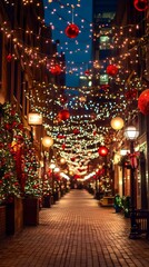 Cozy holiday street glowing festive warm lights