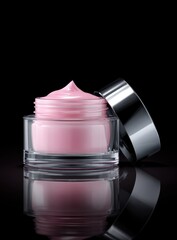 Pink cream jar, open, on black