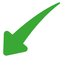 Green arrow pointing downward, isolated on a transparent PNG background. Clean flat design ideal for websites, apps, infographics, navigation icons, and digital projects.
