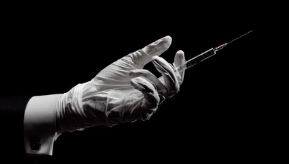 Close-up of gloved hand holding syringe against black background