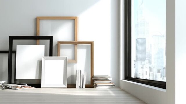 Empty frames on shelf
