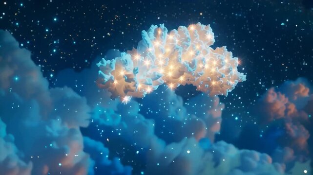 An abstract space background loops with clouds and stars at night, accompanied by a cloud of sparkling particles.