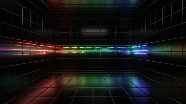 黒いタイル張りの空間、ネオンRGBの光が左右へ流れる神秘的な輝き