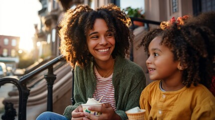 Woman and child enjoying ice cream on a city street during sunset.