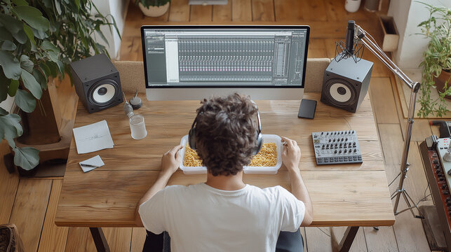 Home music producer working with equipment and pasta near computer screen - Powered by Adobe
