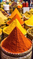 Fototapeta premium Colorful spice piles in woven baskets. A vibrant array of conical piles of different colored spices, likely turmeric and paprika, are showcased in tightly arranged woven baskets. 