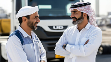 Obraz premium Businessmen having a conversation outdoors with smiles in a professional middle-eastern setting